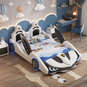 ！@Children's Modern 1.5m Double Bed Boy's Cool Sports Car Bed Creative Solid Wood Frame with Leather Upholstery Baby Single Bed