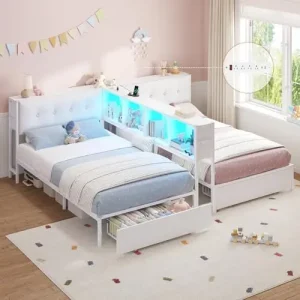 Twin Beds for 2 Kids with Storage Bookcase Divider, Charging Station and LED Lights, Double Twin Bed with 2 Large Ders