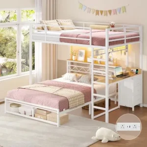 Bunk Bed with Desk and Charging Station, Full Over Full Bunk Beds with Led Lights,Storage board and 4 Ders, Metal